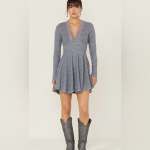 Free People - Slate Blue All Yours Lace Long Sleeve Minidress